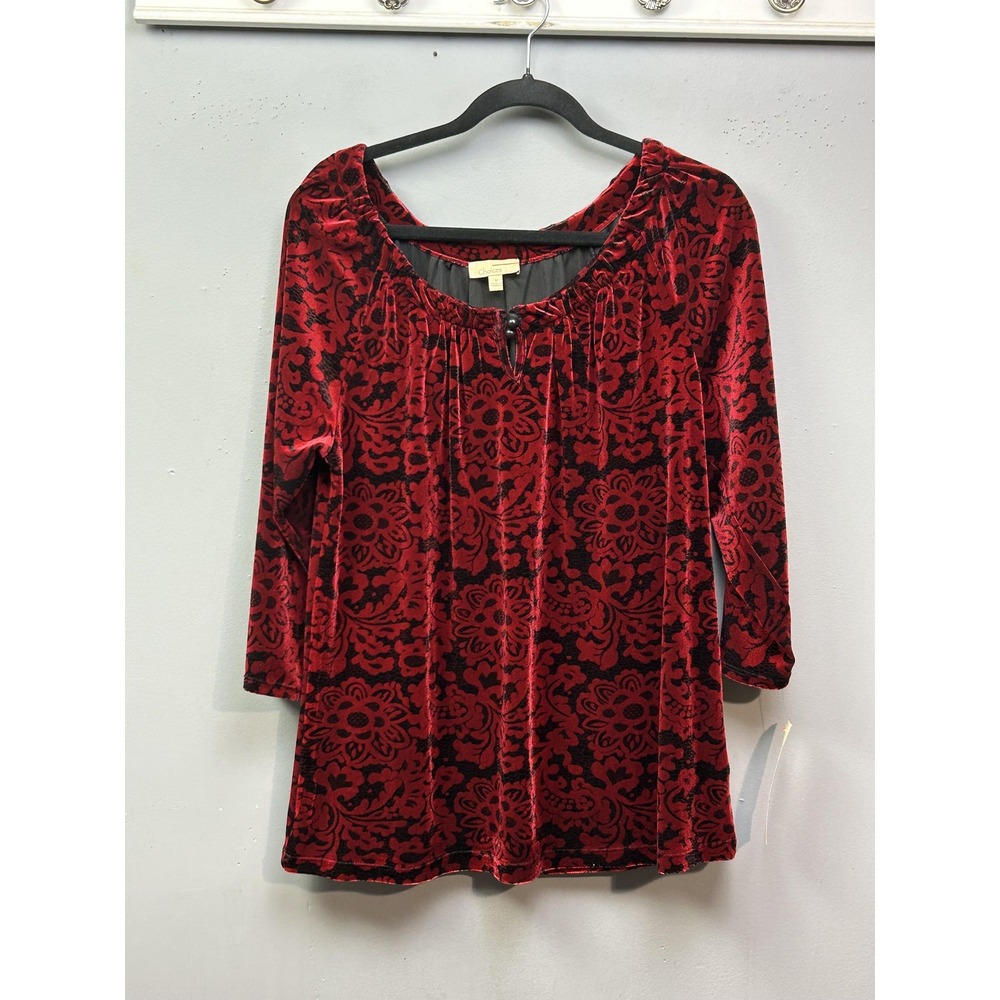 Choices Shirt Womens Medium Red Black Velvet Burnout Tunic 3/4 Sleeve Top